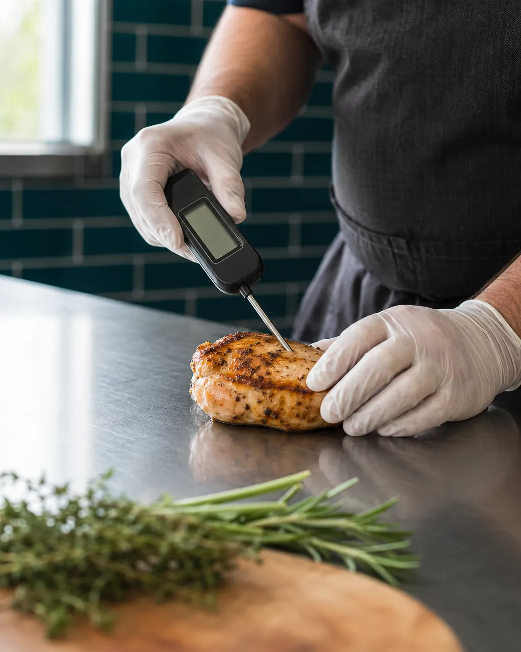 Food handler checking the temperature of a chicken breast